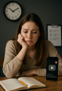 A realistic photo of a young woman with light brown hair sitting at a wooden desk, looking frustrated and resting her head on her hand. An open notebook with a yellow pencil lies in front of her, and a smartphone nearby shows a paused video. A wall clock and a blurred checklist on a clipboard are visible in the background, suggesting distraction and procrastination.