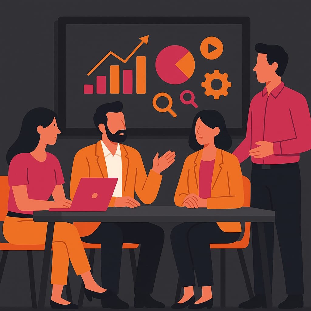 A 2D digital illustration of a business meeting where marketers and clients discuss digital marketing strategies inside a modern agency cabin, with marketing icons like charts and graphs displayed on a screen. The scene features a stylish dark gray, pink, and orange color theme.