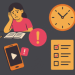 A flat-style digital illustration visually representing procrastination. The image is divided into four sections on a dark gray background. In one part, a worried girl with her head resting on her hand sits at a desk with an open book and pencil. Another section shows a clock displaying 10:10. A smartphone with a play icon and a notification symbol appears in the third part, indicating distraction. The fourth section features a checklist with two completed tasks and one left unfinished. A large pink exclamation mark in the center ties the elements together, symbolizing urgency and awareness.