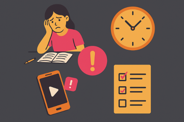 A flat-style digital illustration visually representing procrastination. The image is divided into four sections on a dark gray background. In one part, a worried girl with her head resting on her hand sits at a desk with an open book and pencil. Another section shows a clock displaying 10:10. A smartphone with a play icon and a notification symbol appears in the third part, indicating distraction. The fourth section features a checklist with two completed tasks and one left unfinished. A large pink exclamation mark in the center ties the elements together, symbolizing urgency and awareness.