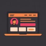 Illustration of a laptop displaying a personal website homepage with bold accent colors (#FE277A and #FE8E31) on a dark gray background (#585858), symbolizing the digital identity of an entrepreneur.