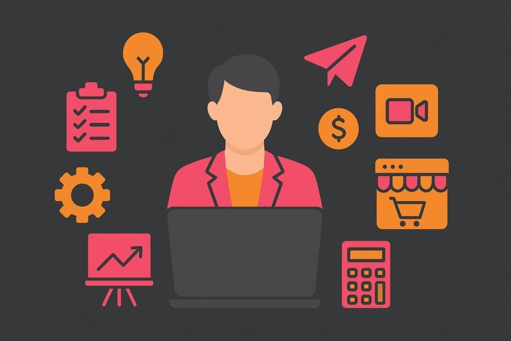 Illustration of digital tools like a laptop, mobile, charts, and icons representing business and productivity apps on a dark background with vibrant colors.