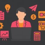 Illustration of digital tools like a laptop, mobile, charts, and icons representing business and productivity apps on a dark background with vibrant colors.