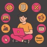 A flat-style illustration of a young person sitting cross-legged with a laptop, surrounded by colorful icons representing freelancing skills like content writing, graphic design, social media management, and coding, set against a dark gray background with vibrant pink and orange tones