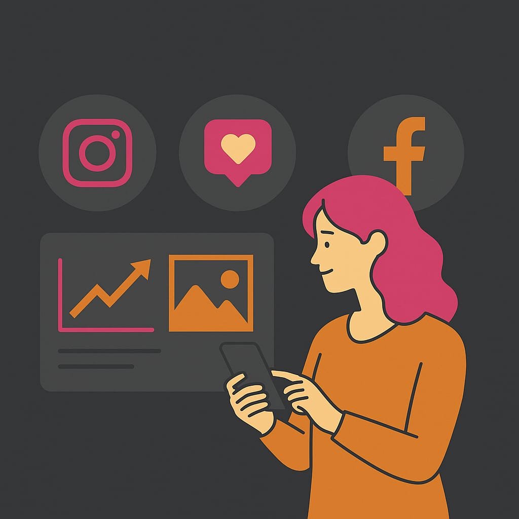 Illustration of a woman using her phone with Instagram and Facebook icons, representing social media marketing for business growth.