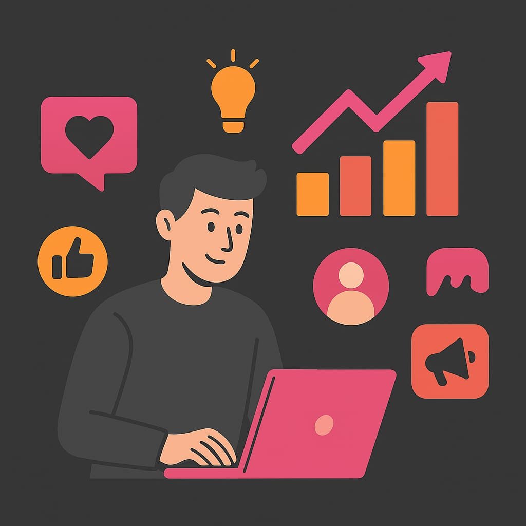 A person using a pink laptop with surrounding social media icons like heart, like, chart, and megaphone, symbolizing business growth through social media strategy.